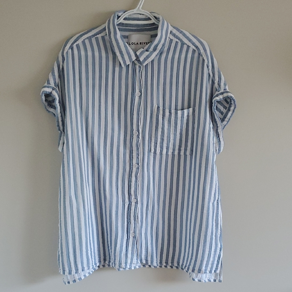 Lola River Gauze Blue & White Striped Short-Sleeve Button-Down Box Fit Shirt 1X